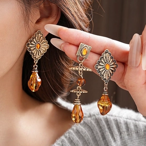 Vintage geometric drop earrings with amber resin stones and antique bronze finish