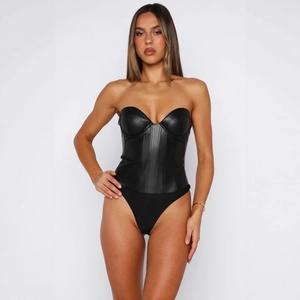 Body Bustier Sexy Pour Femmes En Similicuir PU Sans Bretelles Avec Soutien Baleiné Couleur Unie Party Clubwear