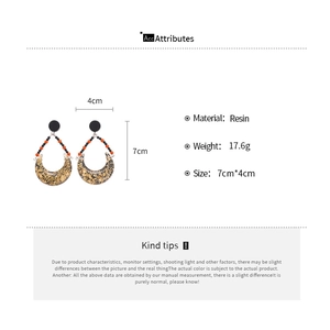 Detailed size and weight specs for retro teardrop resin earrings with gold foil details