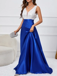Elegant white sequin V-neck top with royal blue satin long evening gown for women