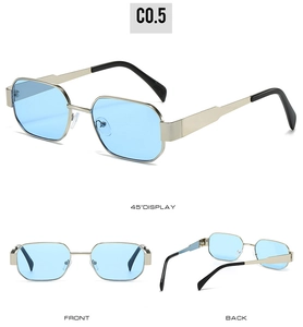 Three views of retro octagonal metal sunglasses with light blue lenses and gold frames