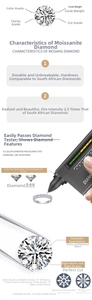 Moissanite detail infographic showing diamond tester test and 58 facets cutting layout