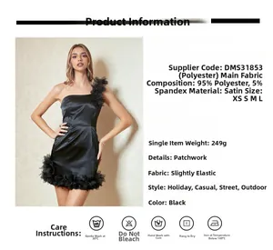 Detail of black satin dress showing 95% polyester fabric texture and 3D floral accents