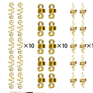 Golden spiral and snake dreadlock jewelry set with ethnic stone pendants on white background