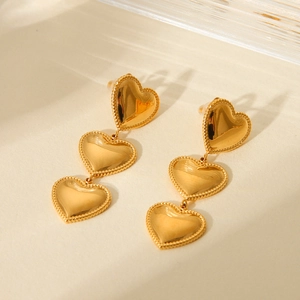 18K gold plated stainless steel triple layered heart drop earrings for women