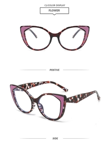 Detailed views of red tortoiseshell cat eye glasses frames in front and side angles