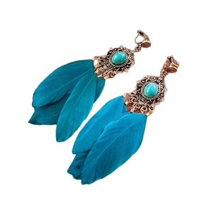 Orecchini bohémien con piume verde acqua, pietra turchese e base in bronzo vintage