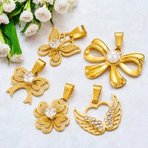 Stainless Steel DIY Pendants Charms For Jewelry Making 18K Gold Plated Bow-knot Butterfly Heart Zircon Artificial Pearl Chic Simple