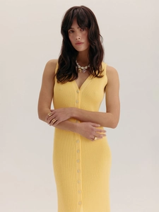 Robe midi élégante en tricot jaune vif sans manches avec col en V et boutons avant