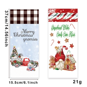 Christmas gnome wine bottle cover with festive red truck and gingerbread house prints