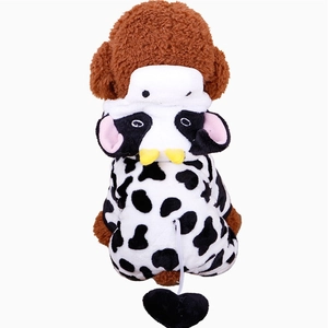 Cartoon cow patterned pet dog costume in soft coral fleece for autumn and winter wear
