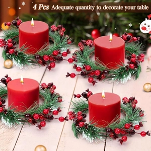 Set of 4 Christmas candle rings with red berries and snowy PVC pine needles for decor