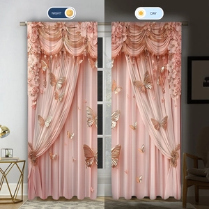 Detailed comparison of pink 3D flower and butterfly curtain effect in day and night light