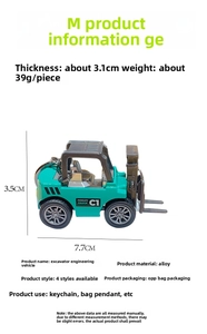 Miniature green alloy forklift keychain pendant with precise dimensions 7.7x3.5cm