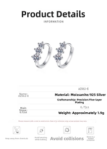 Detail view of 925 sterling silver moissanite hoop earrings with size specifications