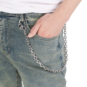 Street style titanium steel wallet chain with skull clasp worn on denim jeans