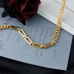 Polished gold stainless steel Cuban chain necklace with geometric rectangular links