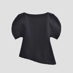 Blouse Noire Femme Manches Courtes Bouffantes Ourlet Asymétrique Col Bateau Polyester Élégant Chic Haut