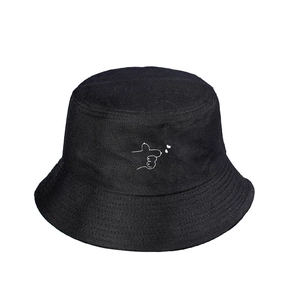 Black cotton bucket hat with white minimalist heart embroidery and a wide brim for women
