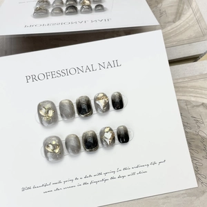 Handmade Press On Nails Black Smudge Gold Foil Heart Rhinestone Detachable Fake Nails For Women Luxury Manicure Jewelry