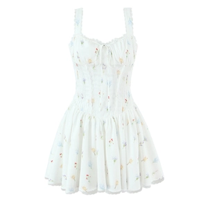 Abito Corto Floreale Stile Francese Camisole Bordo In Pizzo Coulisse Vita Alta Senza Maniche Per Donna