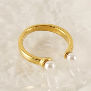 Stainless Steel Double Artificial Pearl Open Ring 18K Gold Plated Adjustable Minimalist Fashion Finger Jewelry For Women