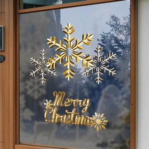 Christmas Window Stickers Golden Silver Snowflakes Merry Christmas Static Cling Glass Decals Holiday Home Decor