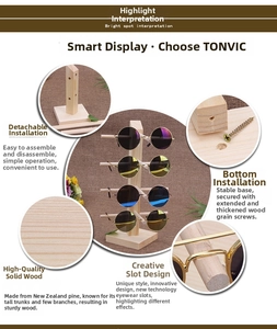 Detail of 4-tier pine wood sunglasses display stand with detachable screw-fixed base