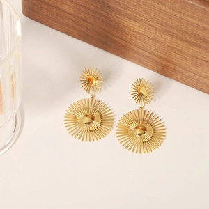 Double Layer Sunburst Drop Earrings 18K Gold Plated Stainless Steel Radial Geometric Vintage Style For Women