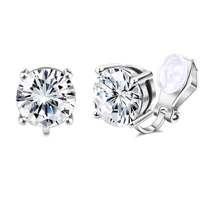 Detail of silver alloy clip-on earrings featuring large round cubic zirconia in 4-prong setting