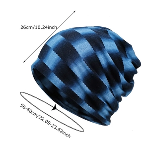Striped knit beanie in dark blue and black with dimensions 26cm height for 56-60cm head size