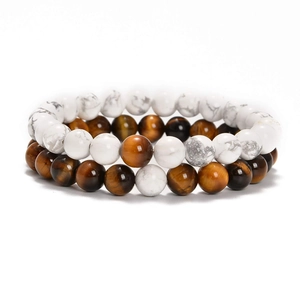 Detail of 8mm stretch beaded bracelet with brown tiger eye and white turquoise stones