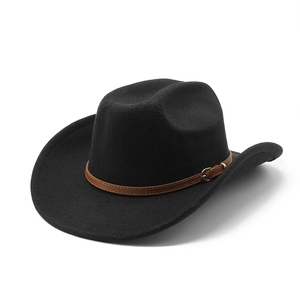 Classic black wool western cowboy hat with brown leather band and gold buckle details