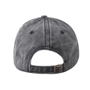Detail of vintage washed charcoal cotton baseball cap featuring adjustable metal buckle