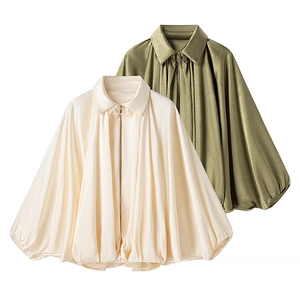 Damen Satin Jacke Laternenärmel Reißverschluss Locker Gefaltet Umlegekragen Streetwear Außenbekleidung