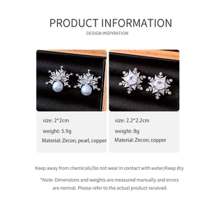 Detailed information chart for snowflake earrings showing dimensions, weight, and materials