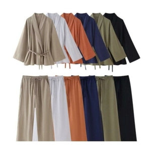 Matrix layout showing six colors of cotton linen wrap tops and wide-leg trousers sets