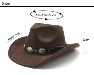 Detailed view of brown western cowboy hat showing size specs and silver metal studs