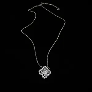 Sparkling zircon flower pendant necklace in silver finish on black velvet display