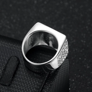 Luxury men's silver stainless steel square ring with full side-set crystal rhinestones