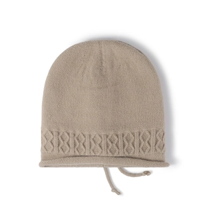Beige knitted slouchy beanie with cable pattern and adjustable drawstrings for women