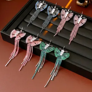 Orecchini Con Nappa A Farfalla Vintage Zircone Strass Rame Intarsiato Con Perno In Argento Sterling 925 Per Donna