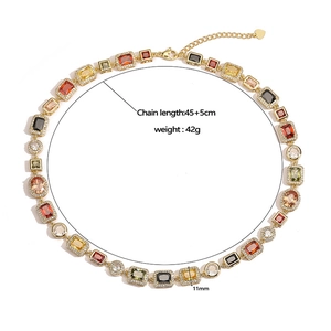 Luxurious colorful geometric gemstone choker necklace with gold setting and 45cm chain