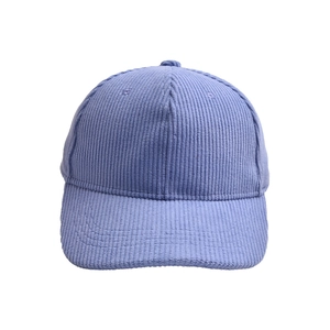 Front view of solid light purple corduroy baseball cap with vertical striped texture