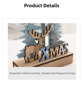 Close-up of wooden XMAS reindeer table decor with LED string lights and trees
