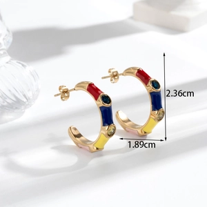 French vintage titanium steel C-shape earrings with colorful glaze and zircons