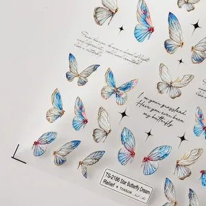 3D relief nail stickers featuring blue gold-edged butterflies and artistic text TS-2186