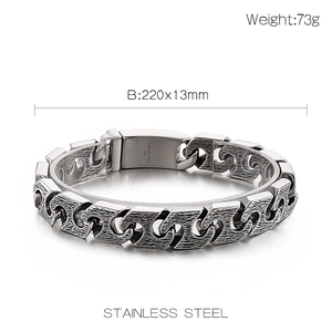 Detail view of vintage punk stainless steel men's bracelet with 220mm x 13mm dimensions