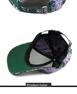 Detail of baseball cap metal buckle closure and polyester lining with floral pattern