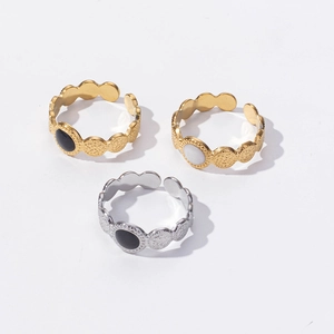Three vintage 304 stainless steel open rings with colorful drip oil round gemstones